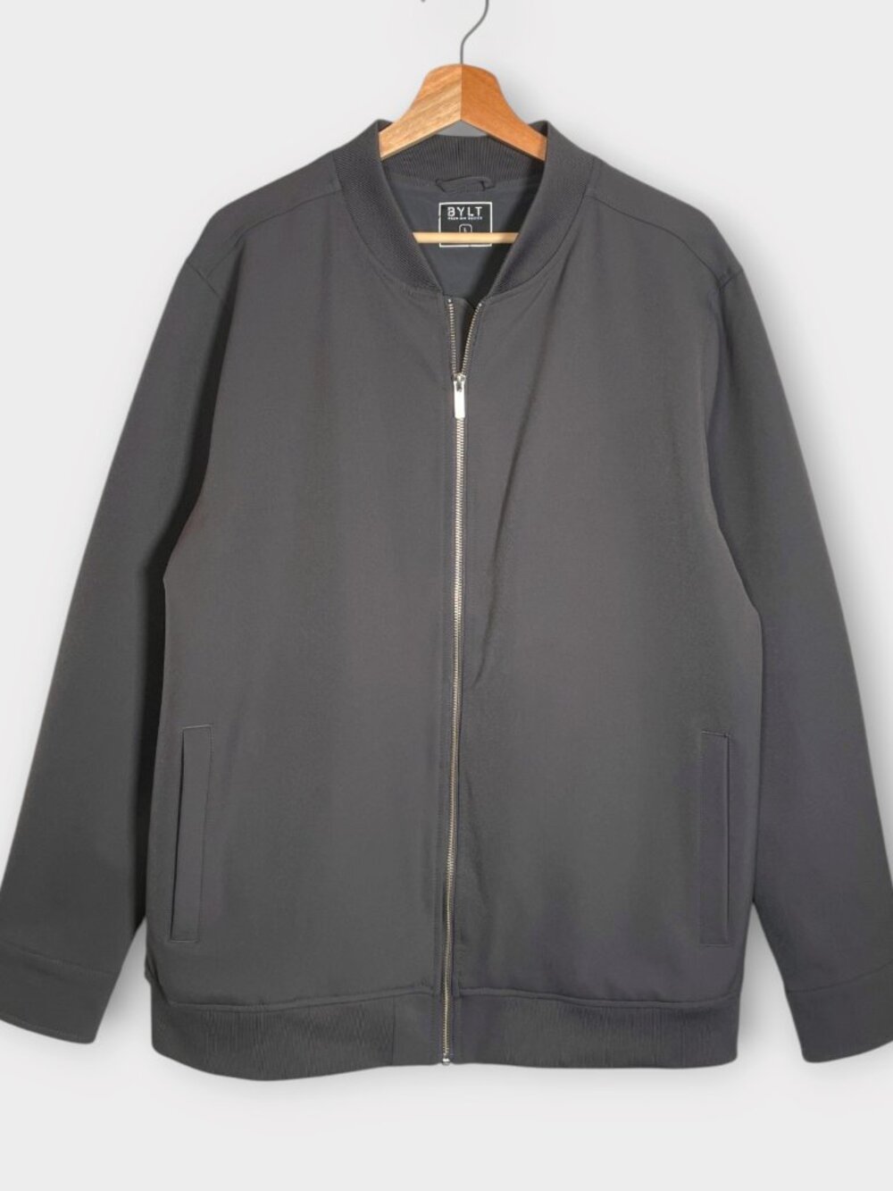 BYLT Limitless Bomber Jacket Mens L Charcoal Gray Full Zip Lined Water Repellent
